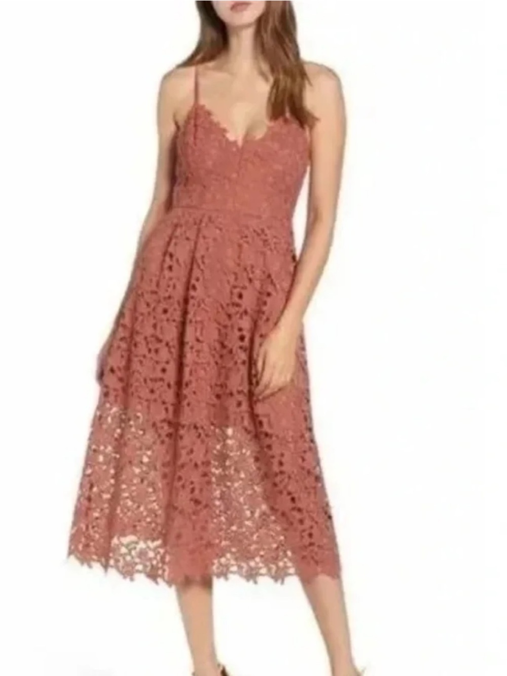 Astr Pink Crochet Lace Midi Dress with Spaghetti Straps